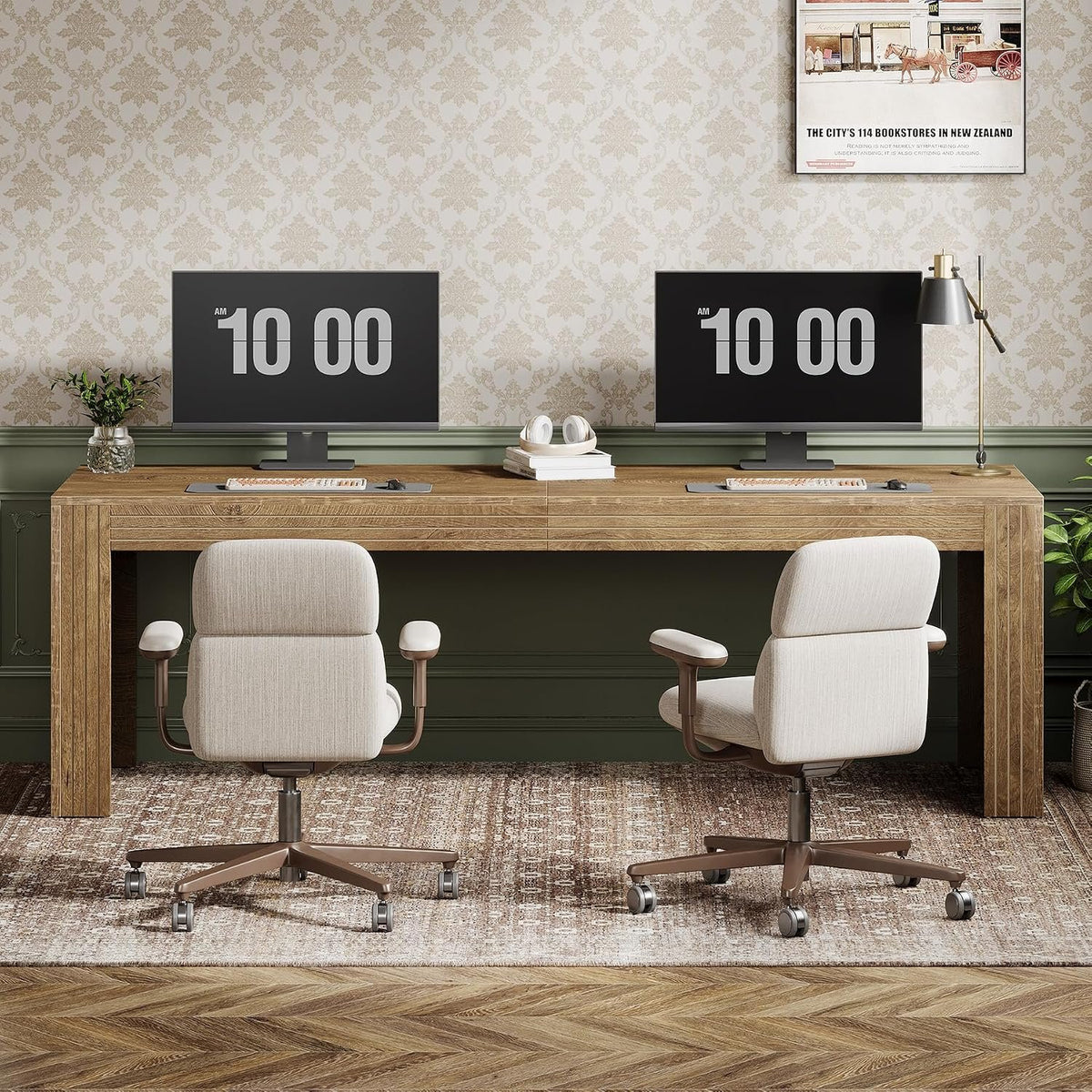 200 cm Double Computer Desk, Rustic Brown Extra-Long Office Desk