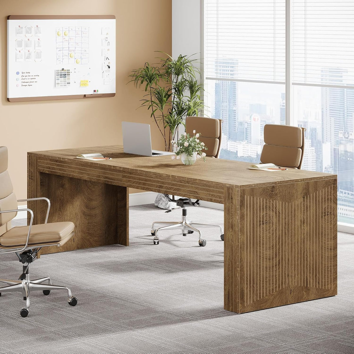 200 cm Double Computer Desk, Rustic Brown Extra-Long Office Desk