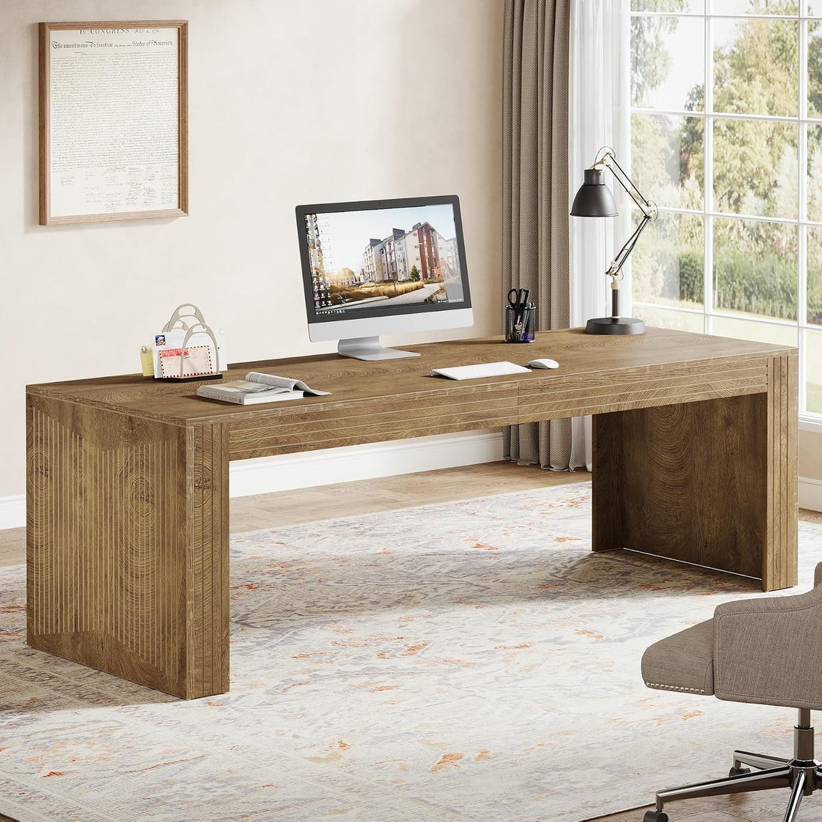 200 cm Double Computer Desk, Rustic Brown Extra-Long Office Desk