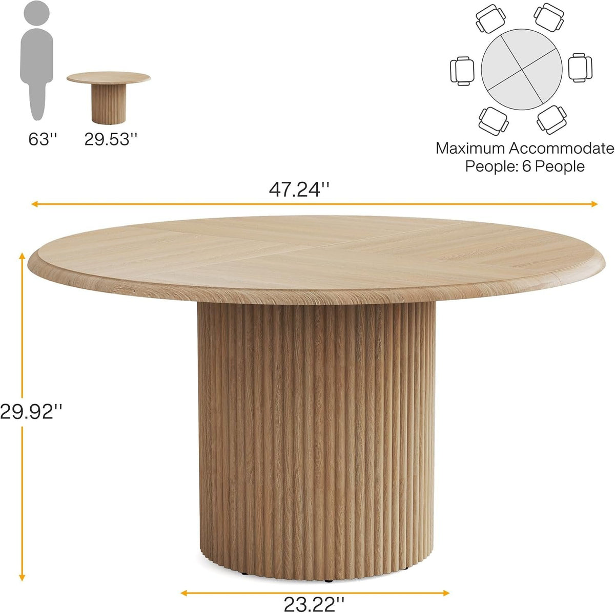 120 cm Round Dining Table for 6, Wood Farmhouse Pedestal Table