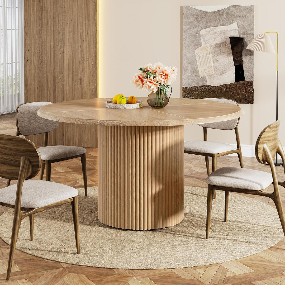 120 cm Round Dining Table for 6, Wood Farmhouse Pedestal Table