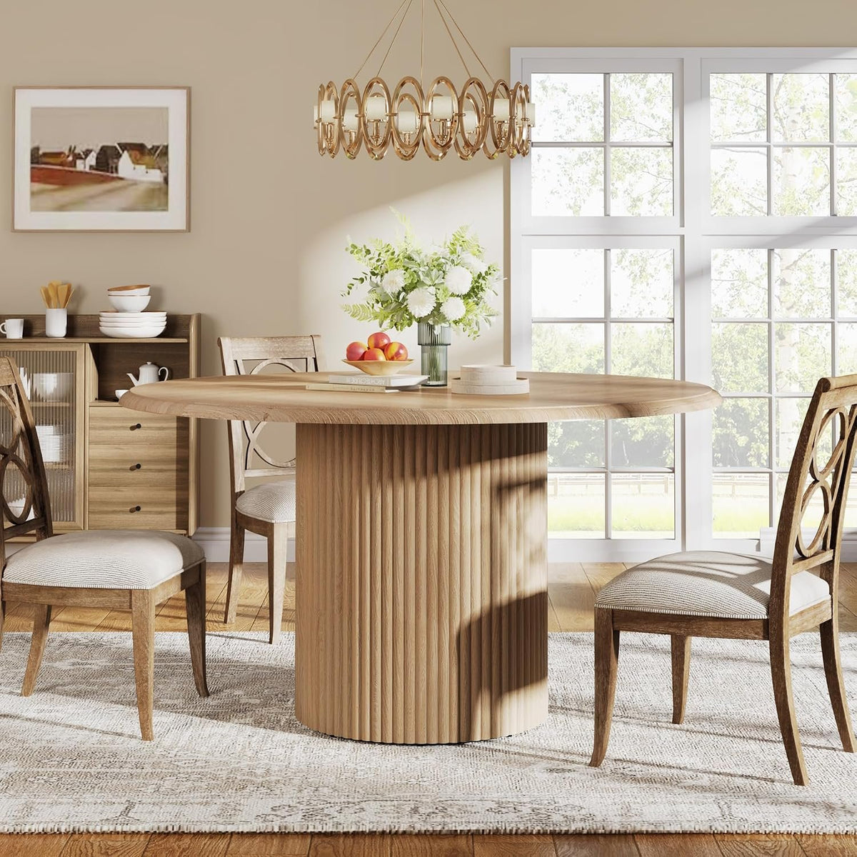 120 cm Round Dining Table for 6, Wood Farmhouse Pedestal Table
