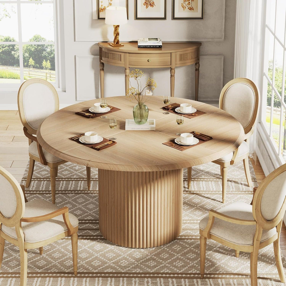 120 cm Round Dining Table for 6, Wood Farmhouse Pedestal Table