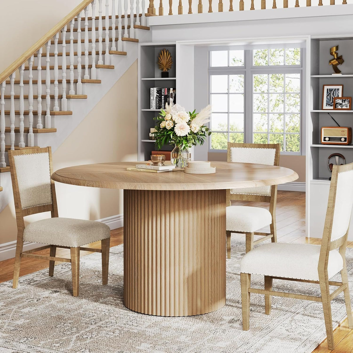 120 cm Round Dining Table for 6, Wood Farmhouse Pedestal Table