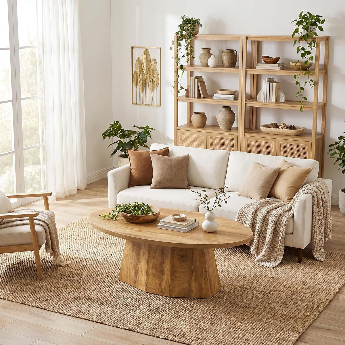 Modern Oval Coffee Table with Geometric Pedestal Base