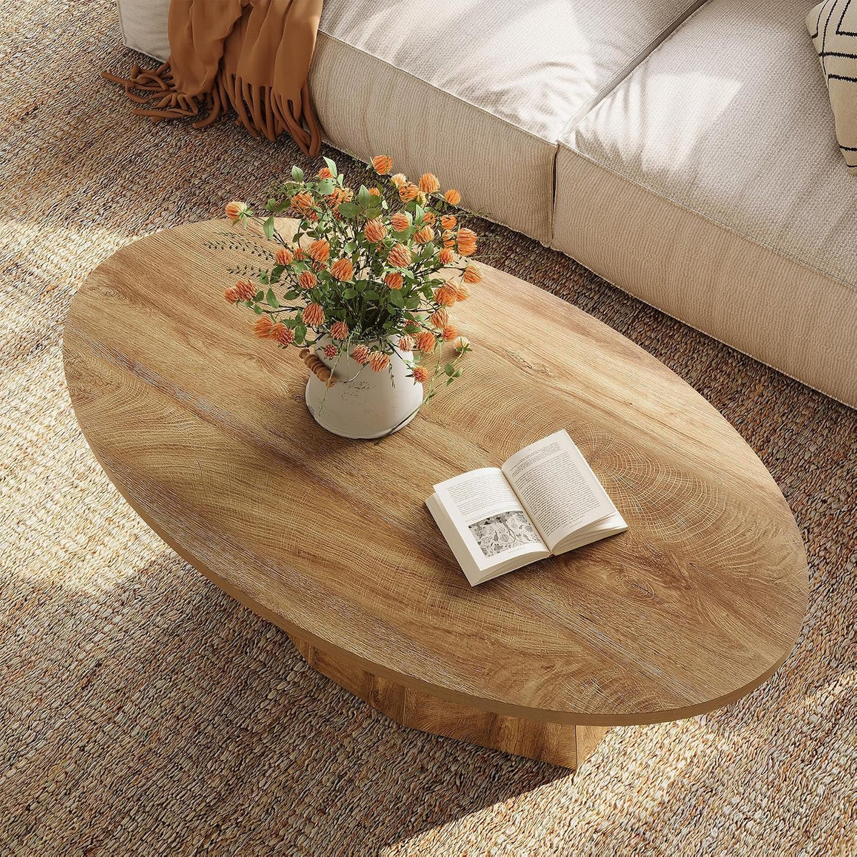 Modern Oval Coffee Table with Geometric Pedestal Base