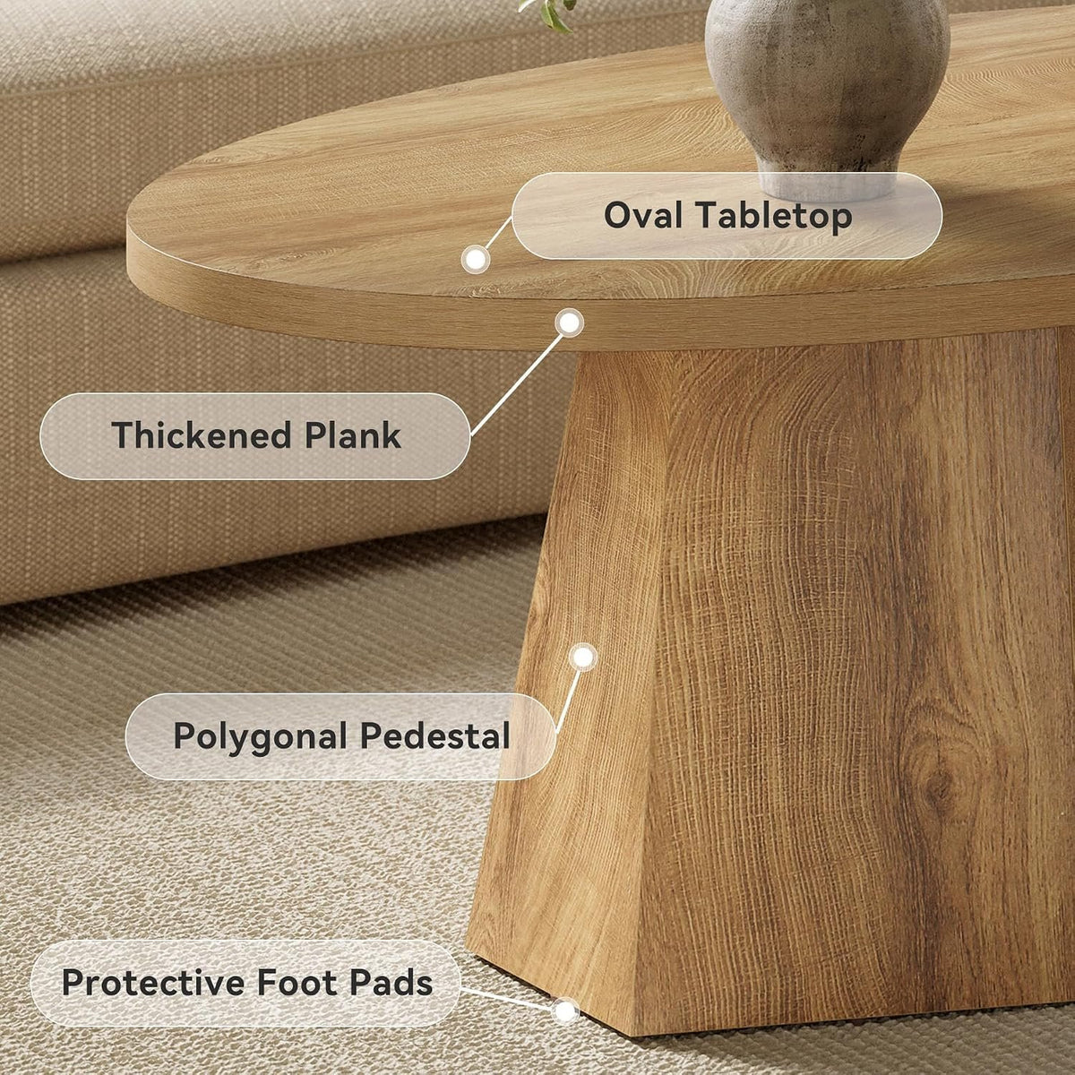 Modern Oval Coffee Table with Geometric Pedestal Base