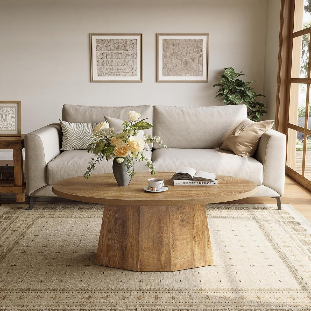 Modern Oval Coffee Table with Geometric Pedestal Base