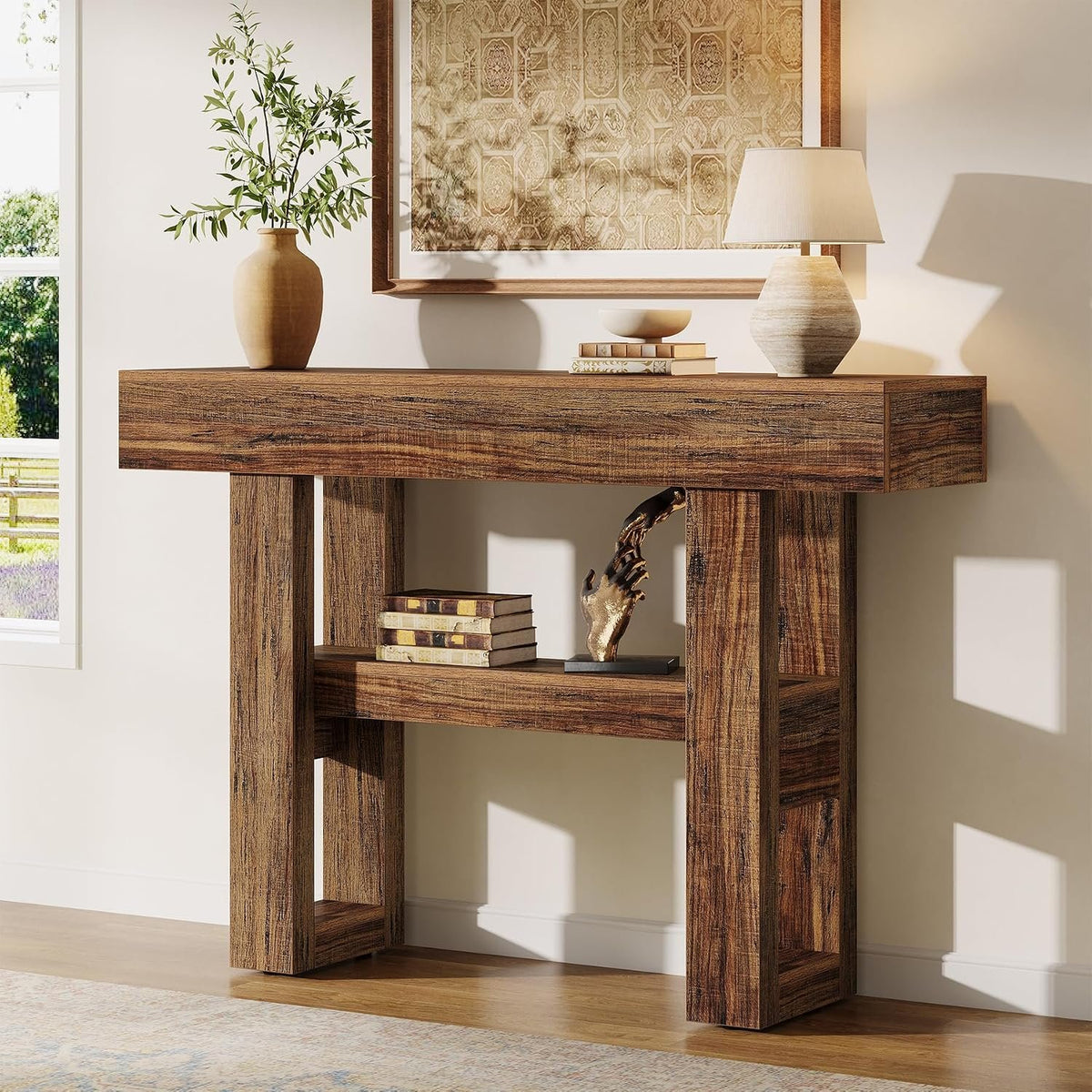 105 cm Narrow Console Table with 2 Shelves, Rustic Brown Entryway Table