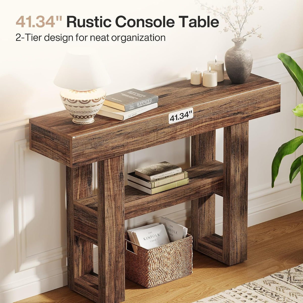 105 cm Narrow Console Table with 2 Shelves, Rustic Brown Entryway Table