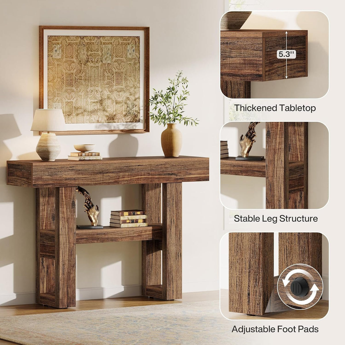 105 cm Narrow Console Table with 2 Shelves, Rustic Brown Entryway Table