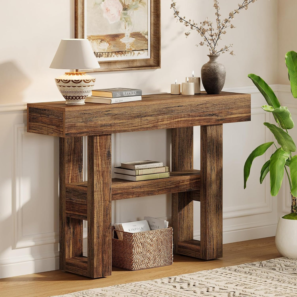 105 cm Narrow Console Table with 2 Shelves, Rustic Brown Entryway Table