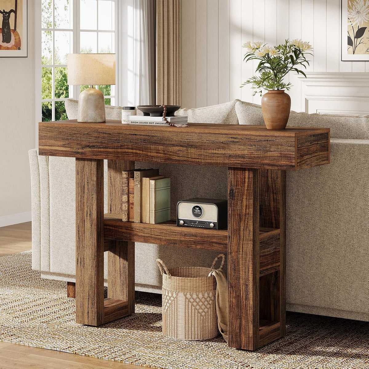 105 cm Narrow Console Table with 2 Shelves, Rustic Brown Entryway Table