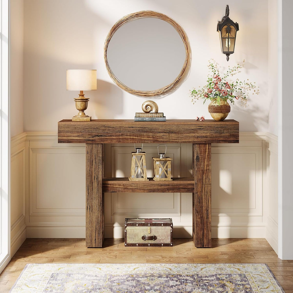 105 cm Narrow Console Table with 2 Shelves, Rustic Brown Entryway Table