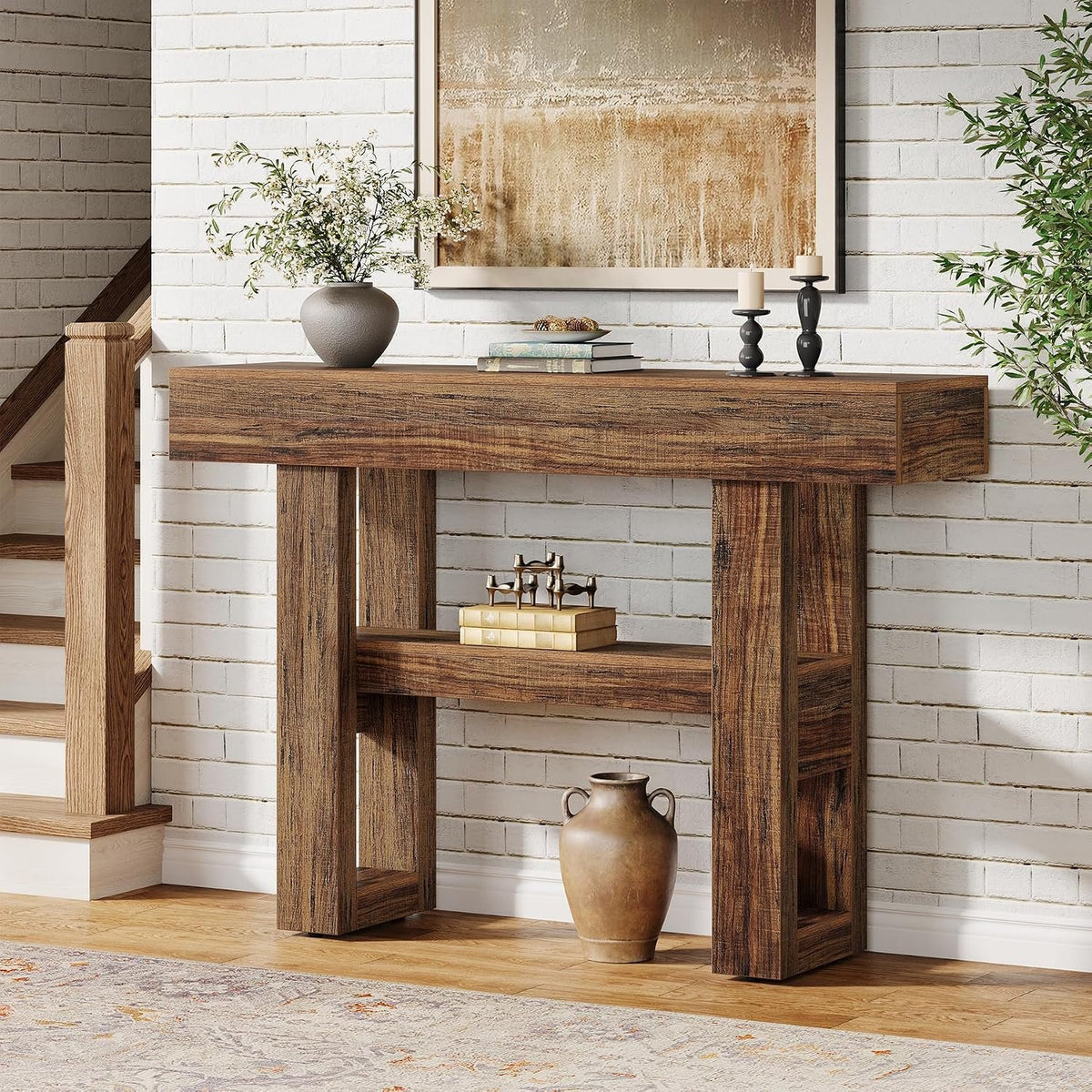 105 cm Narrow Console Table with 2 Shelves, Rustic Brown Entryway Table