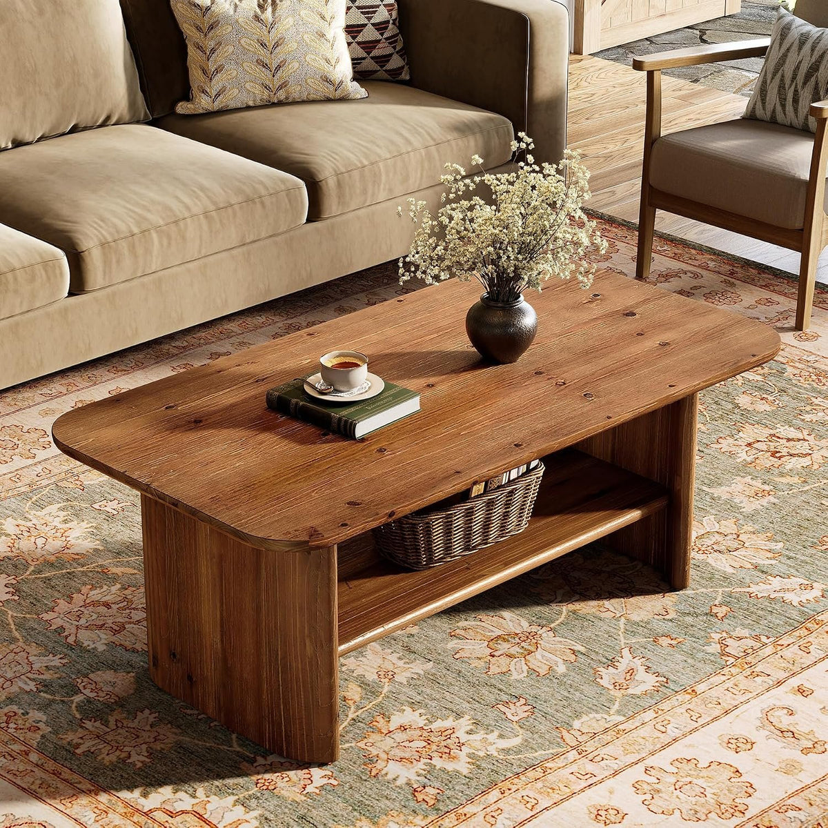 120 cm Solid Fir Wood Coffee Table with Lower Shelf, Farmhouse Style