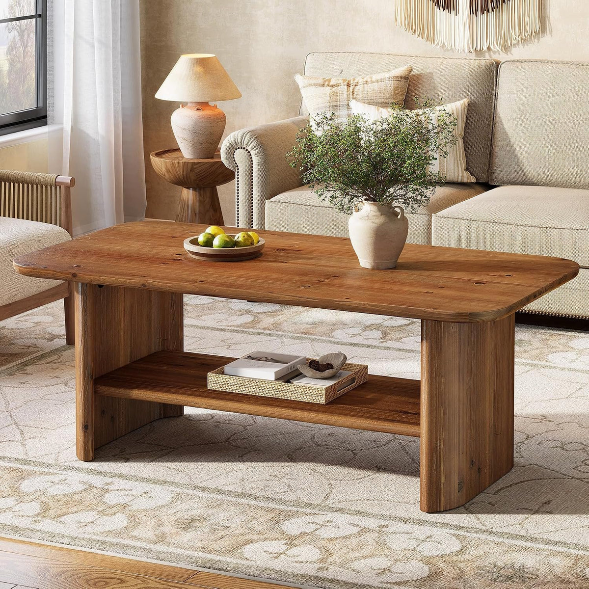 120 cm Solid Fir Wood Coffee Table with Lower Shelf, Farmhouse Style