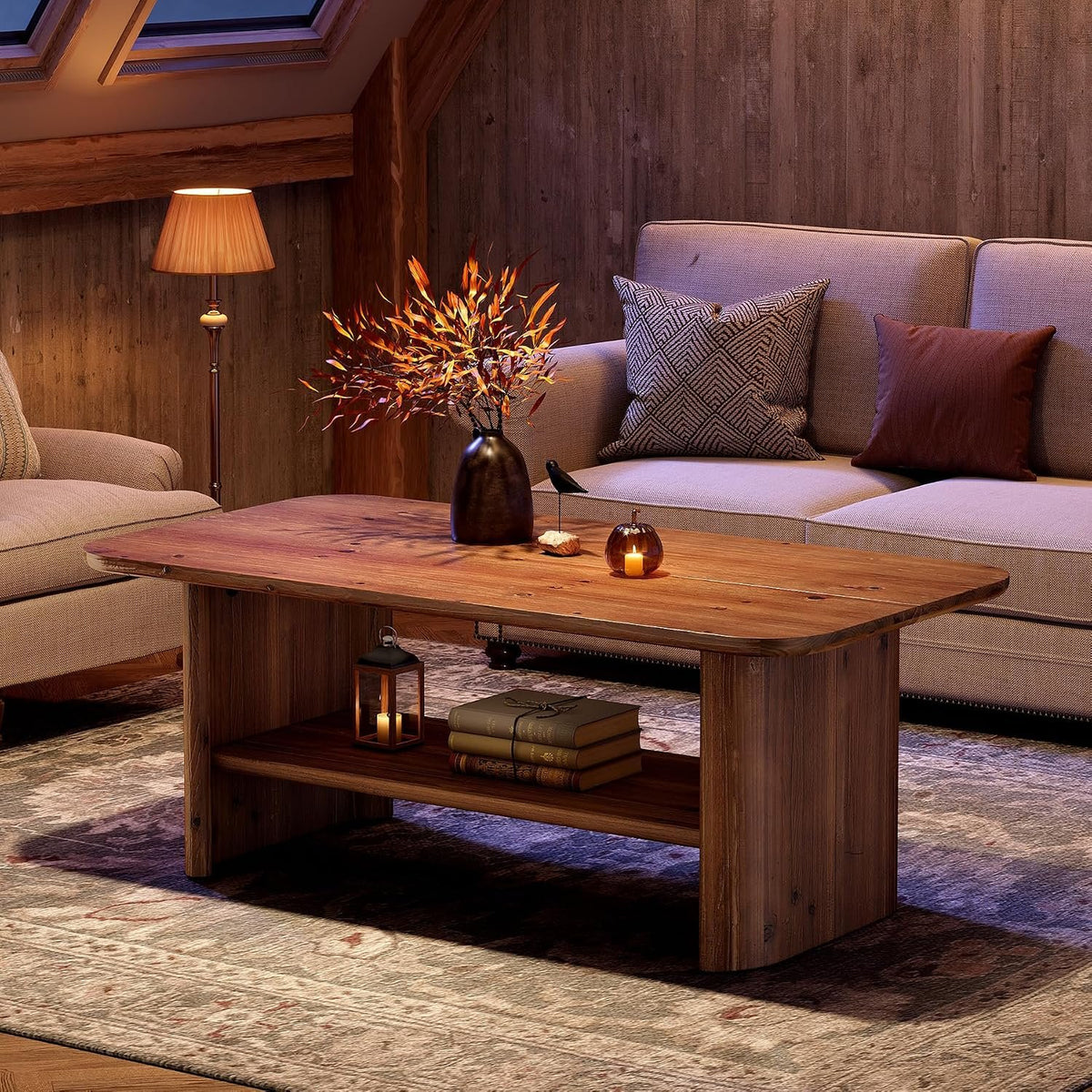 120 cm Solid Fir Wood Coffee Table with Lower Shelf, Farmhouse Style