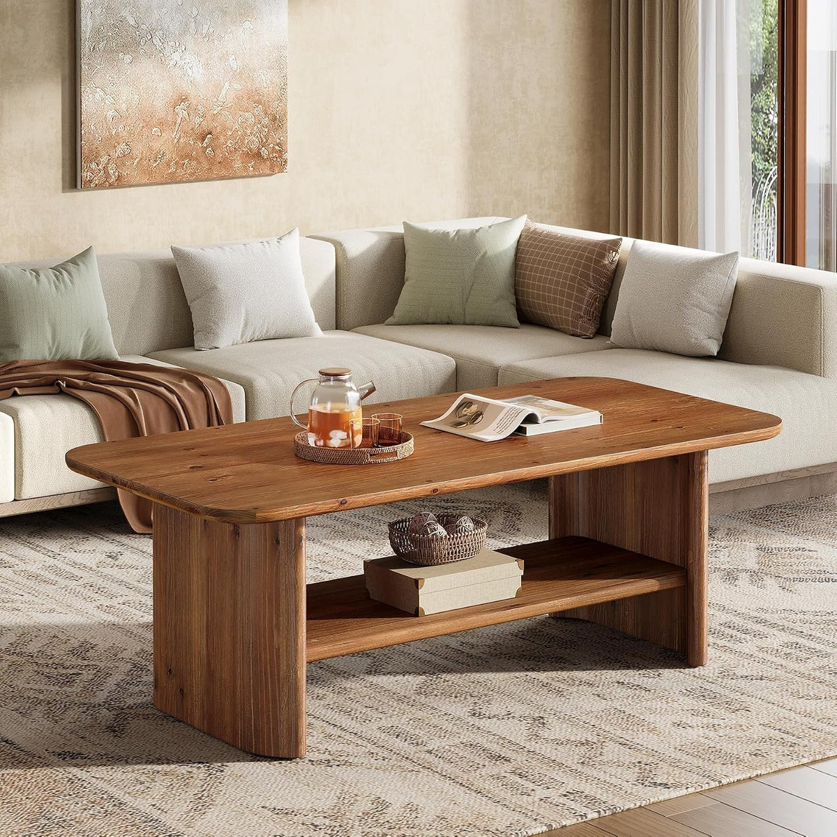 120 cm Solid Fir Wood Coffee Table with Lower Shelf, Farmhouse Style