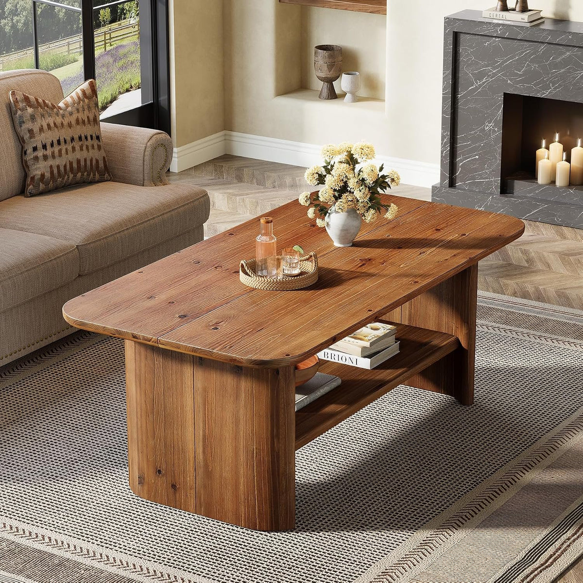120 cm Solid Fir Wood Coffee Table with Lower Shelf, Farmhouse Style