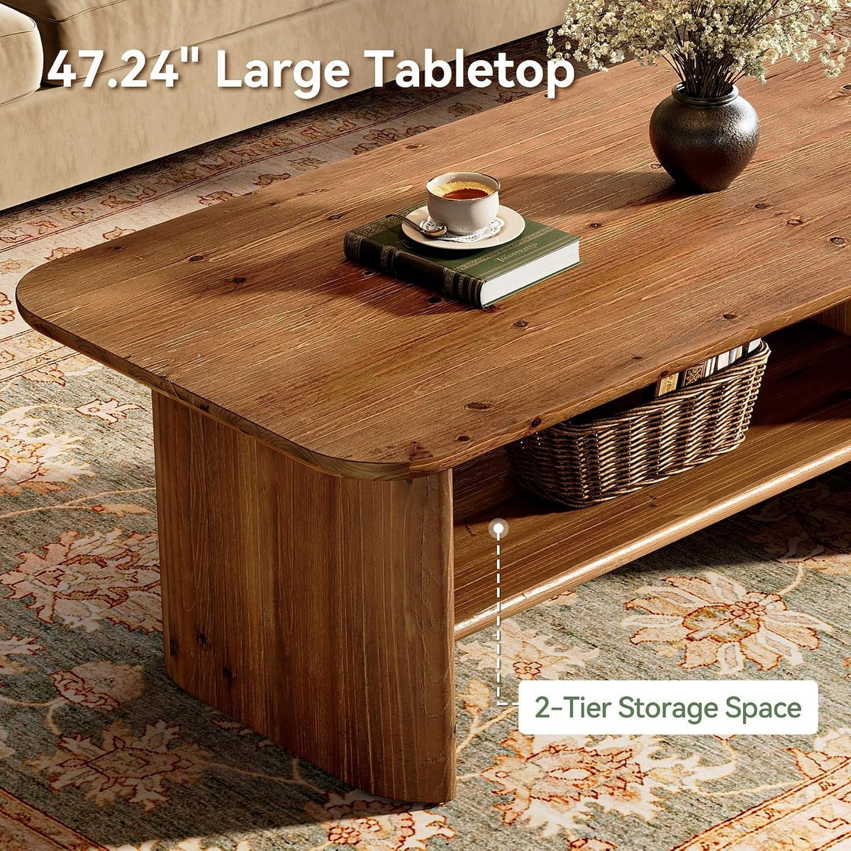 120 cm Solid Fir Wood Coffee Table with Lower Shelf, Farmhouse Style