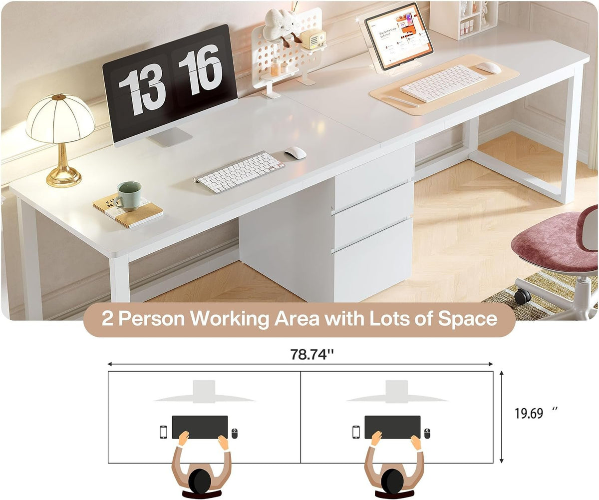 200 cm Double Desk for Two with 3 Drawers, White Home Office Desk