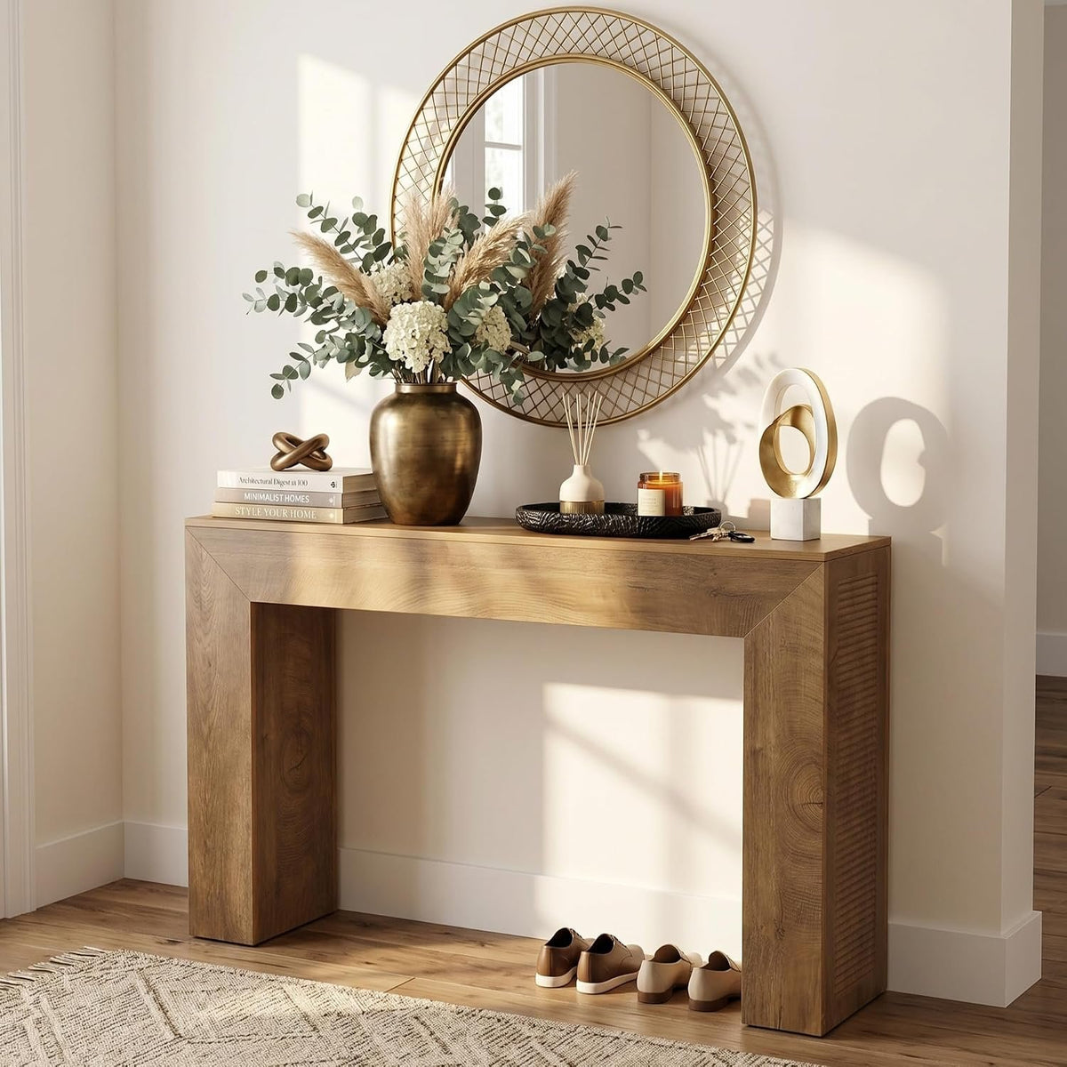110 cm Rustic Brown Console Table with Adjustable Feet, Farmhouse Entryway Table