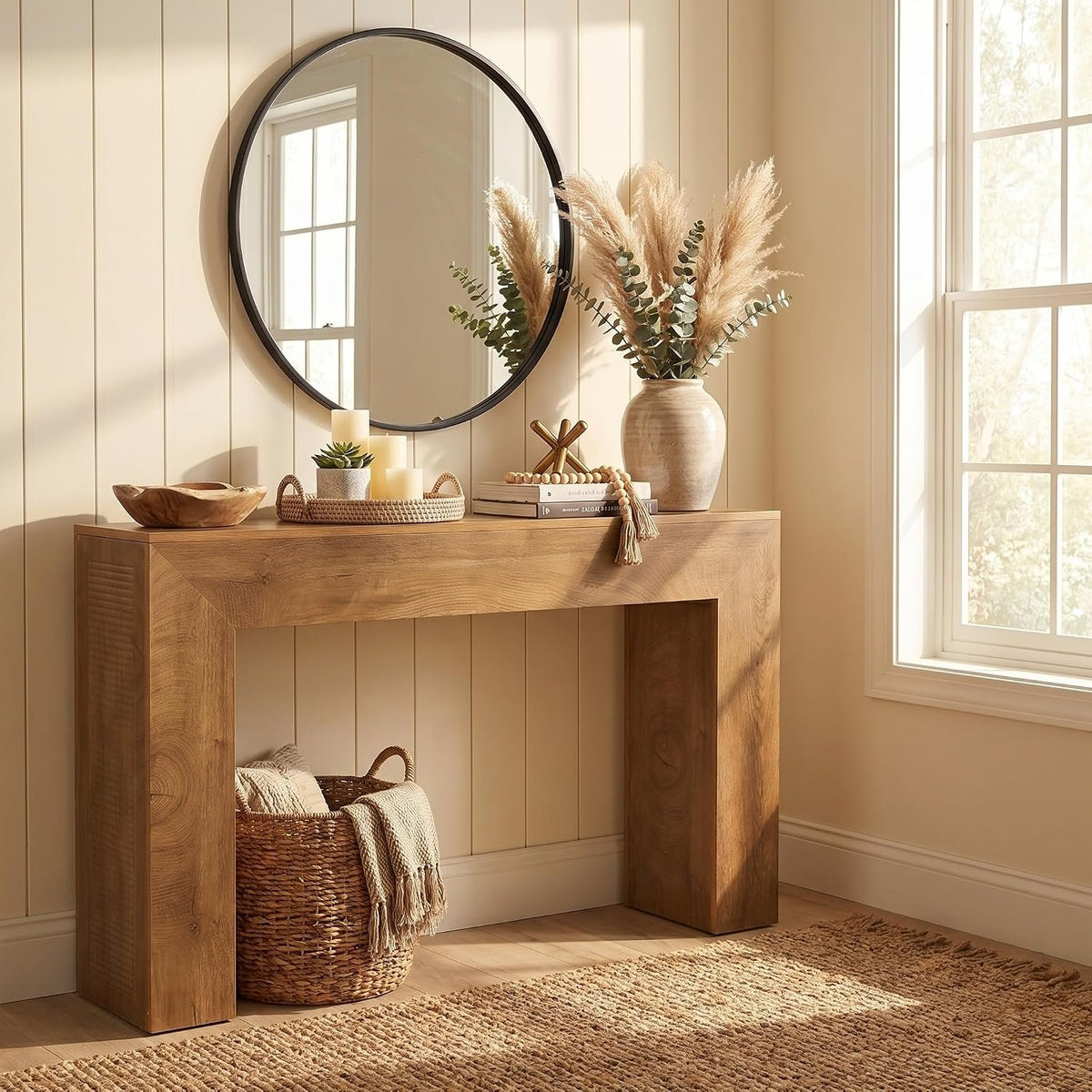 110 cm Rustic Brown Console Table with Adjustable Feet, Farmhouse Entryway Table