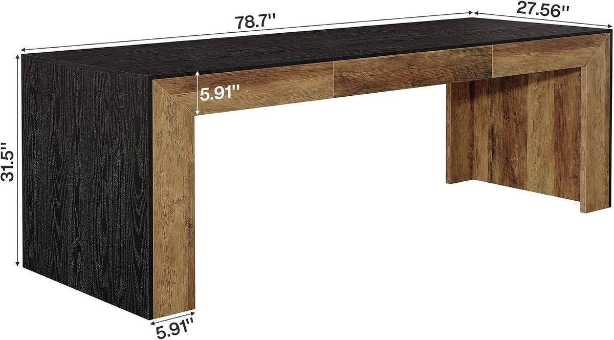 200 cm Dining Table, Rustic Brown and Black Rectangular Kitchen Table