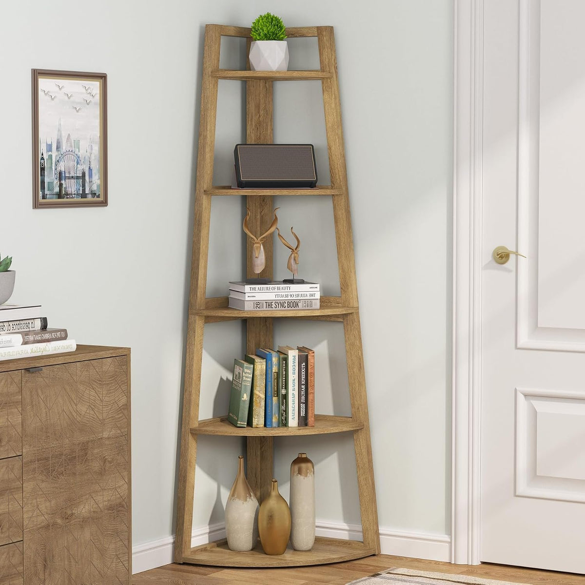 5-Tier Corner Shelf, Tall Freestanding Storage Rack for Small Spaces