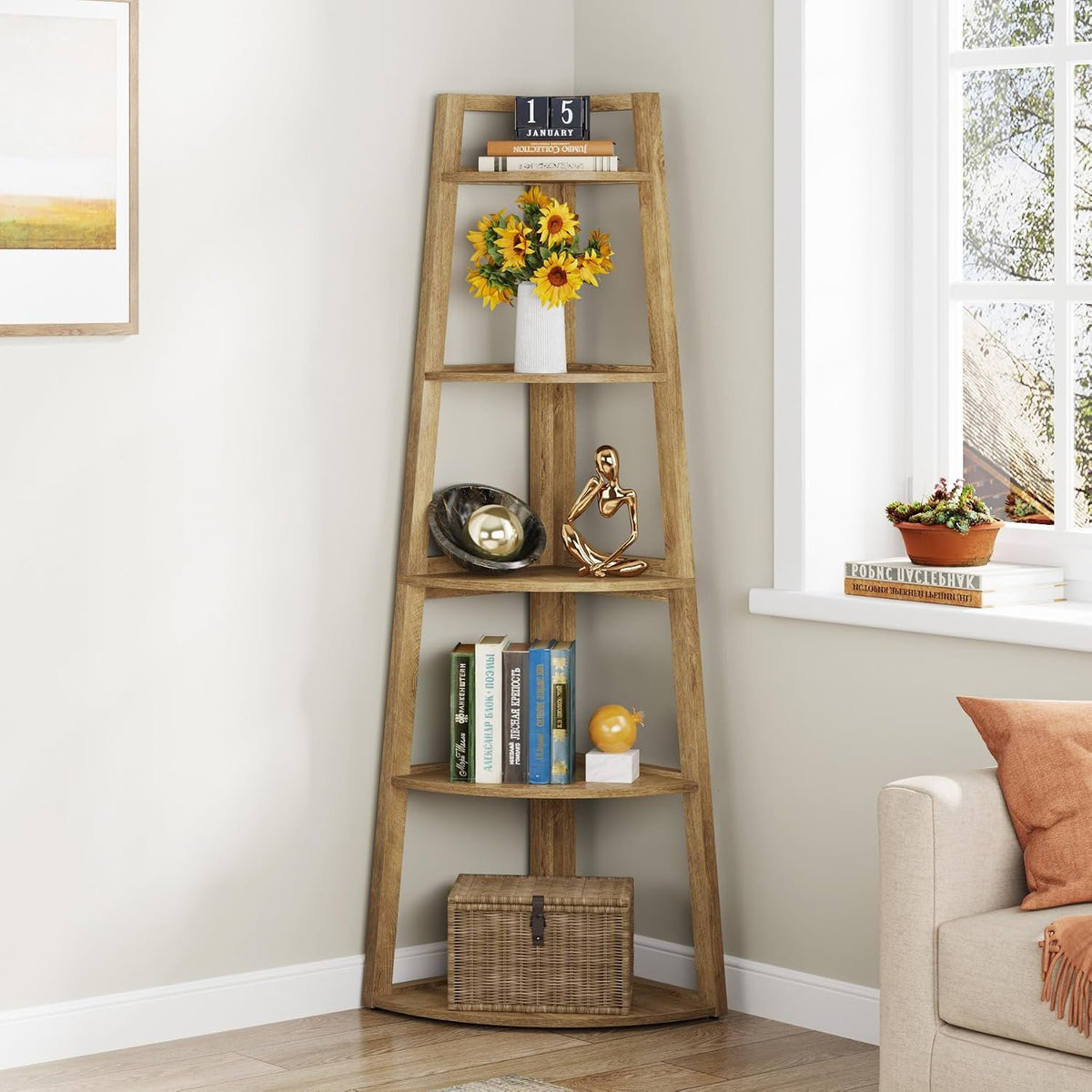 5-Tier Corner Shelf, Tall Freestanding Storage Rack for Small Spaces