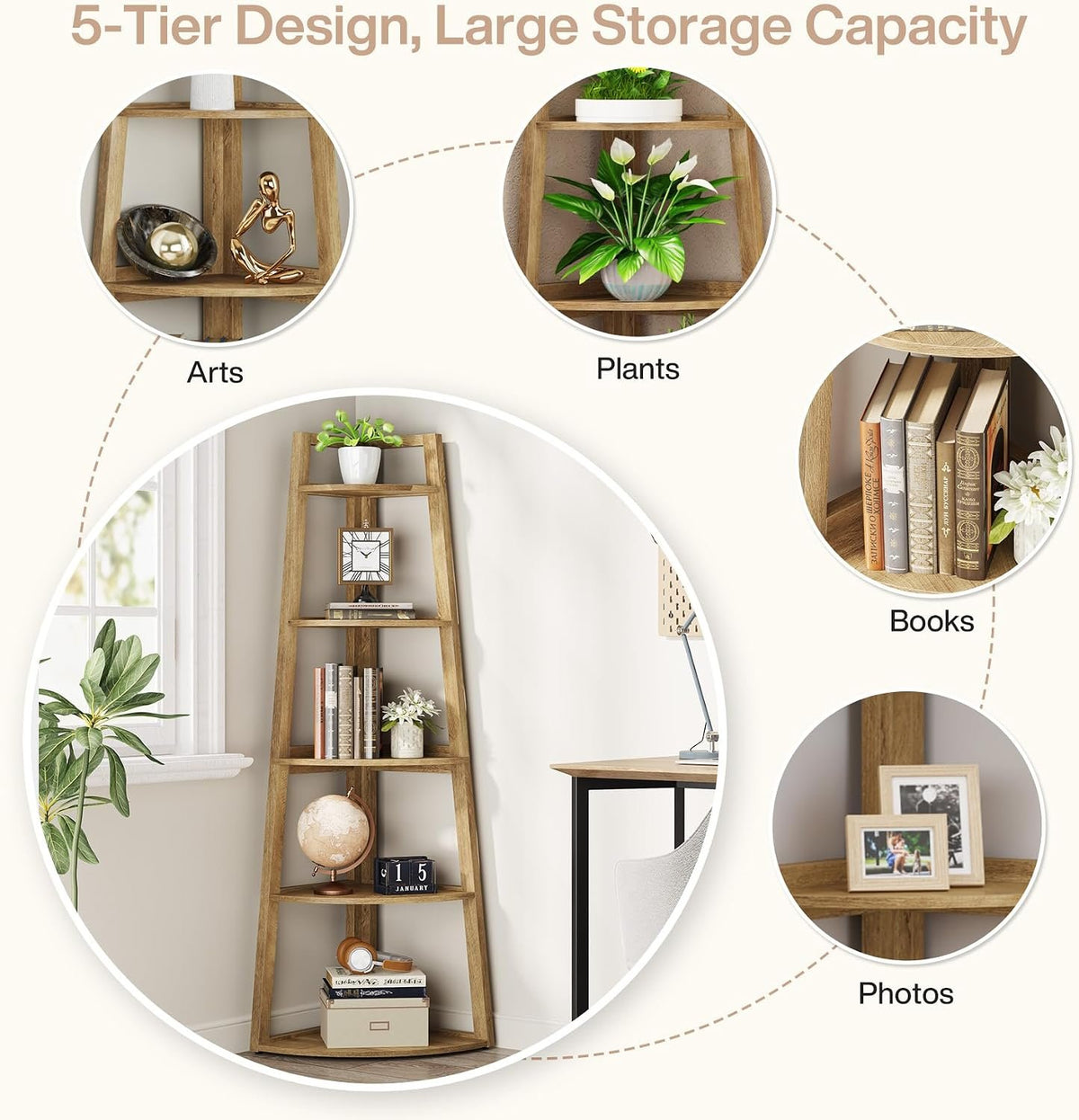 5-Tier Corner Shelf, Tall Freestanding Storage Rack for Small Spaces