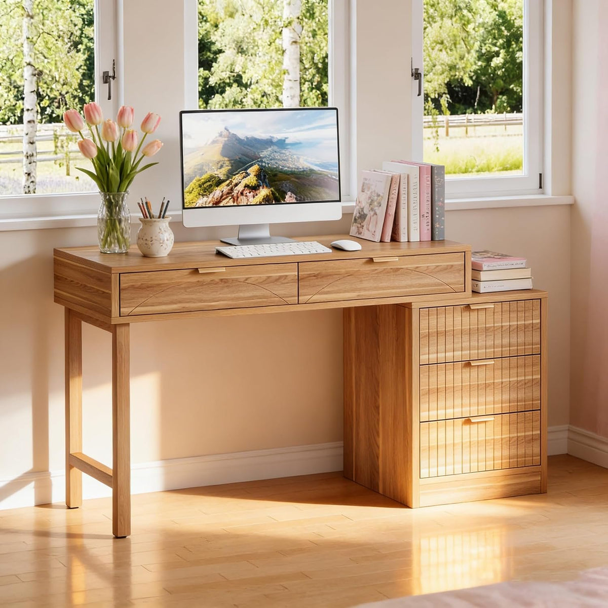 Walnut Brown Computer Desk with 5 Drawers, Reversible Storage Cabinet
