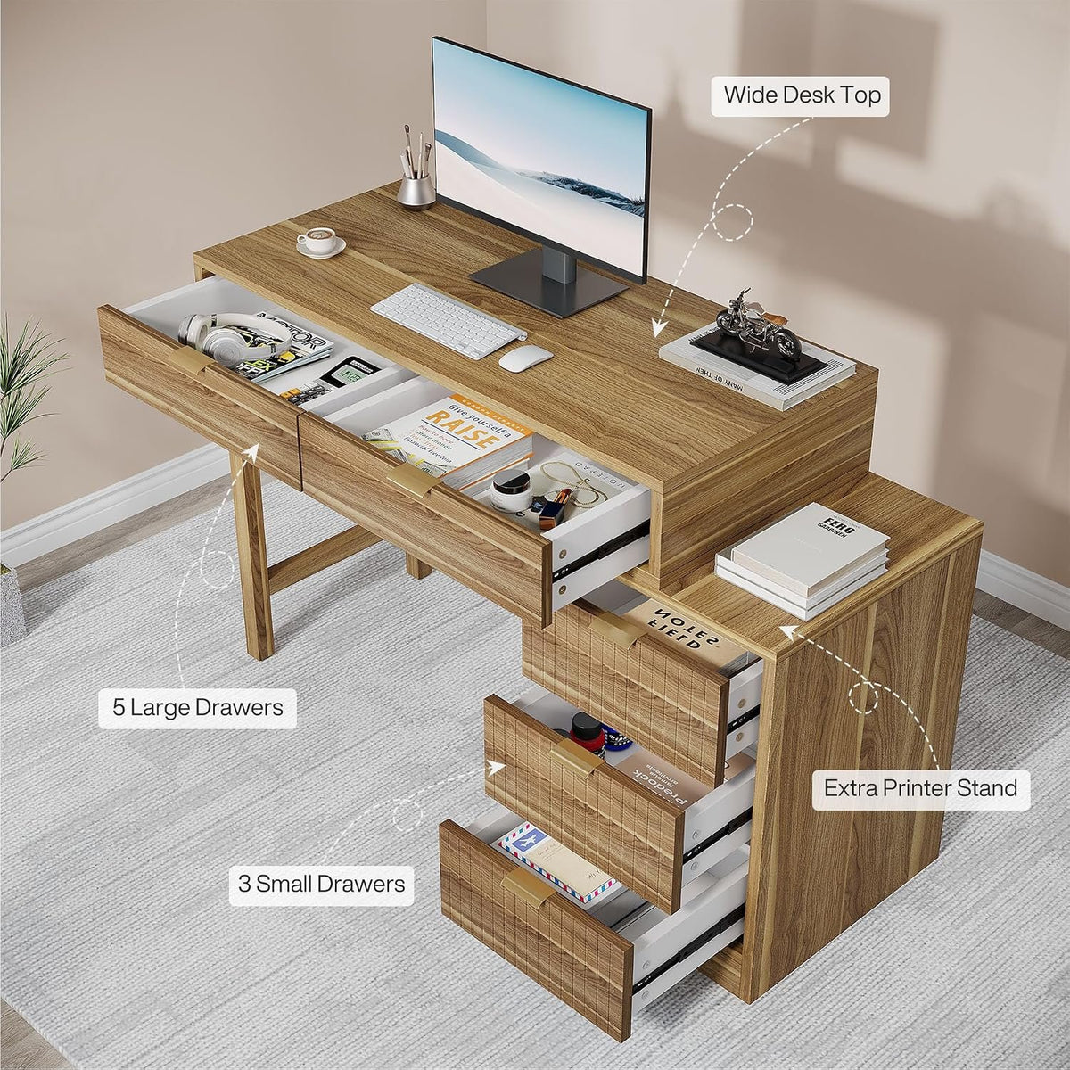 Walnut Brown Computer Desk with 5 Drawers, Reversible Storage Cabinet
