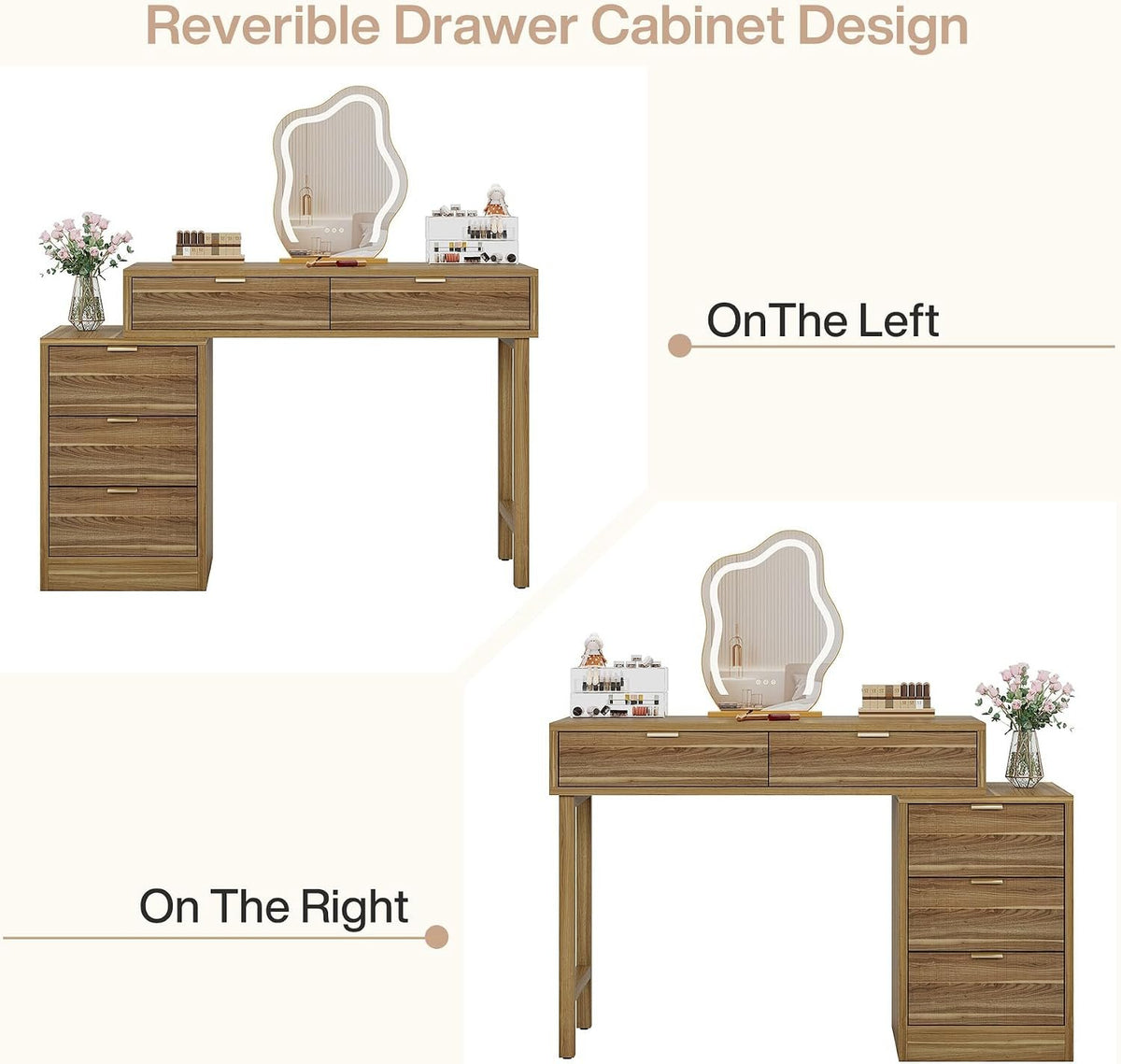 Walnut Brown Vanity Desk with 5 Drawers, Reversible Dressing Table
