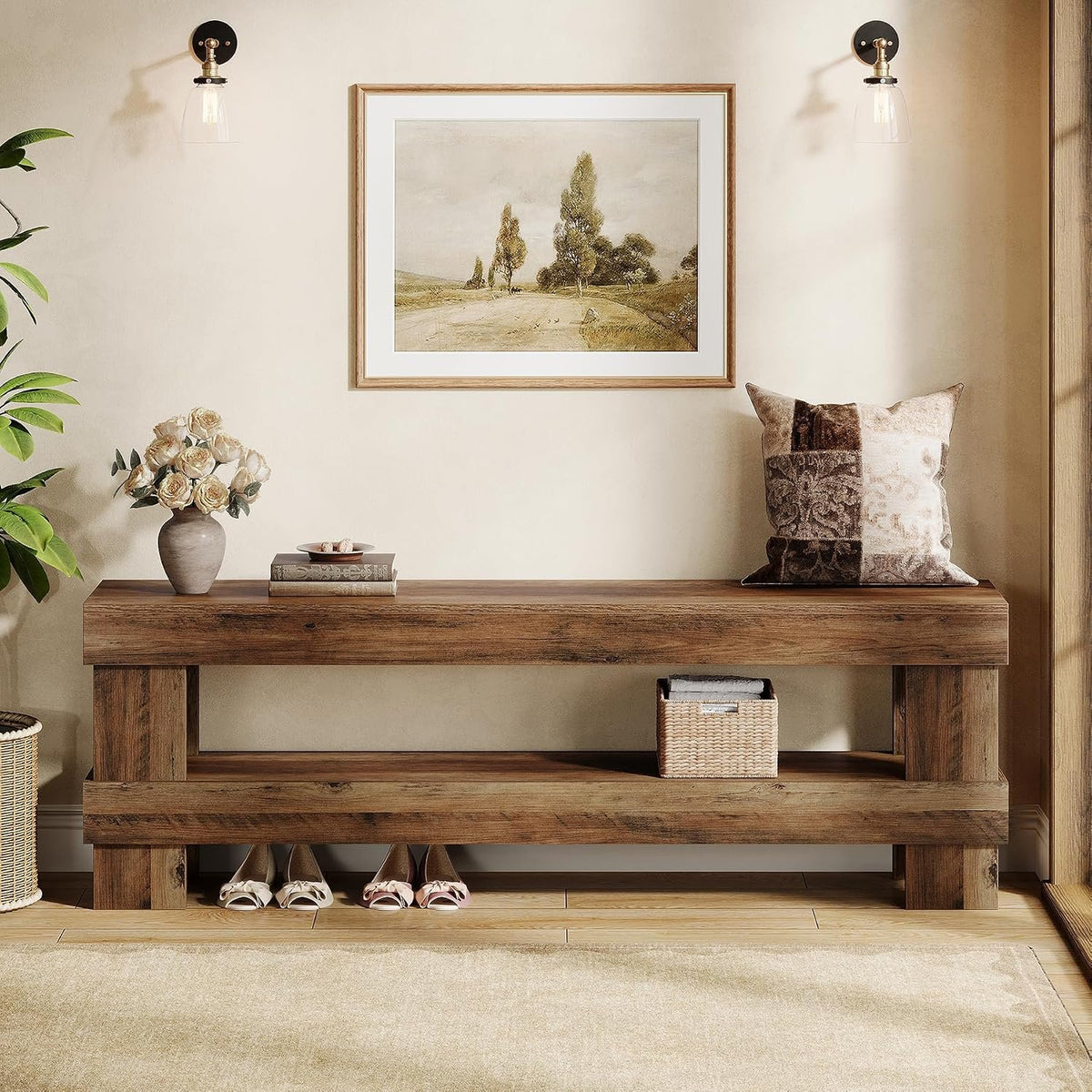 150 cm Entryway Shoe Bench with Storage Shelf, Farmhouse Brown