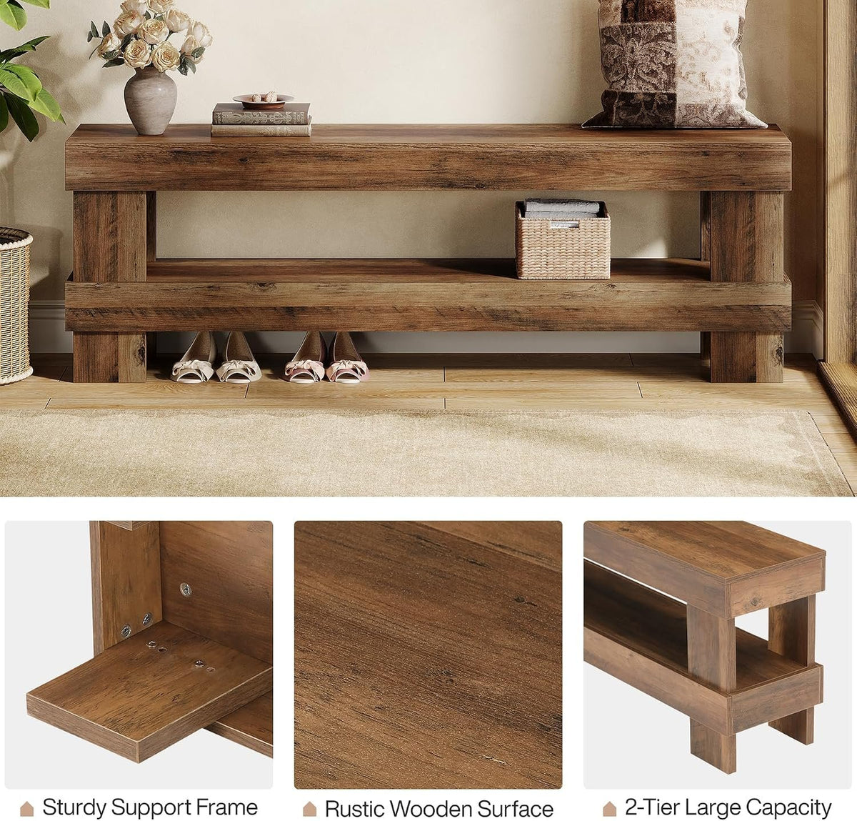 150 cm Entryway Shoe Bench with Storage Shelf, Farmhouse Brown