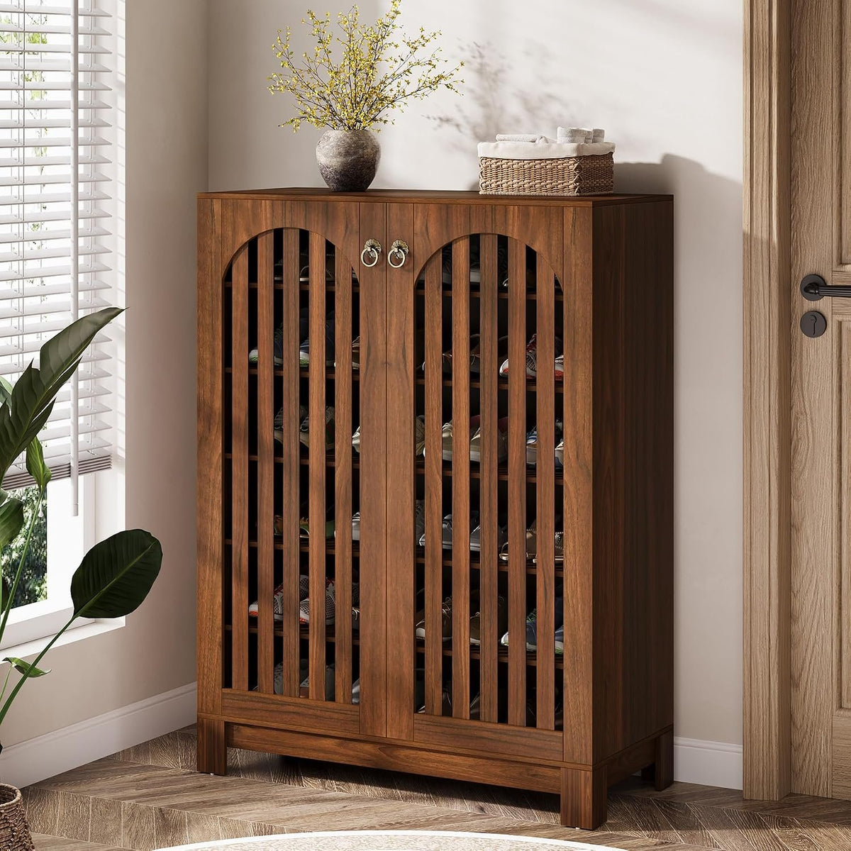 Oak Shoe Cabinet with 6-Tier Storage, Arched Louver Doors