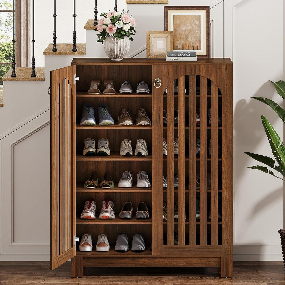 Oak Shoe Cabinet with 6-Tier Storage, Arched Louver Doors