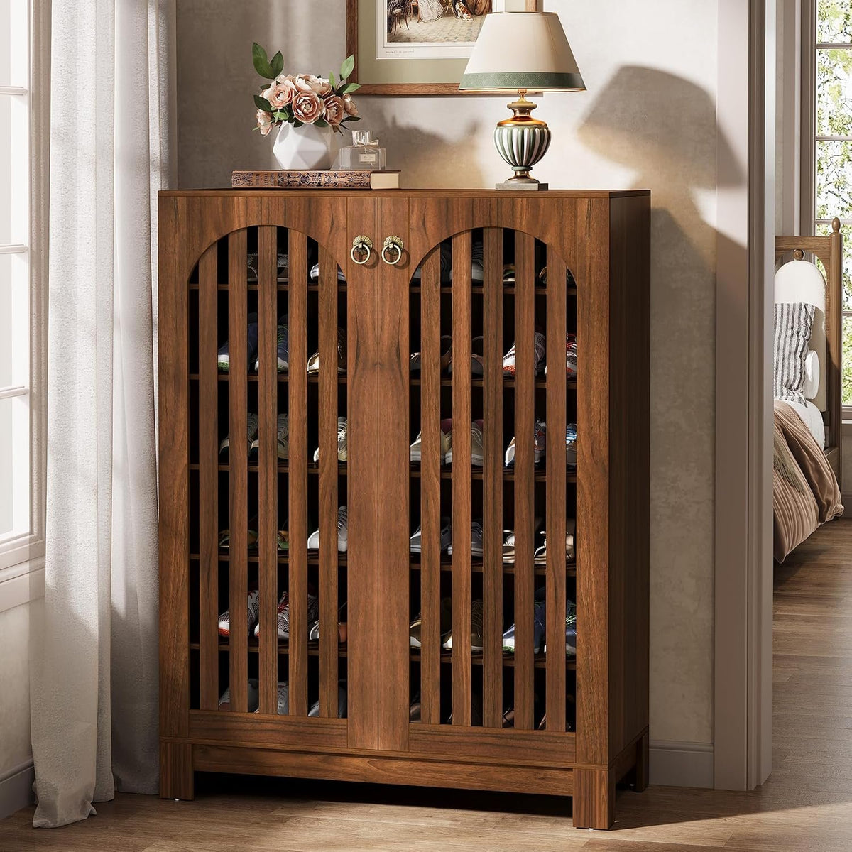 Oak Shoe Cabinet with 6-Tier Storage, Arched Louver Doors