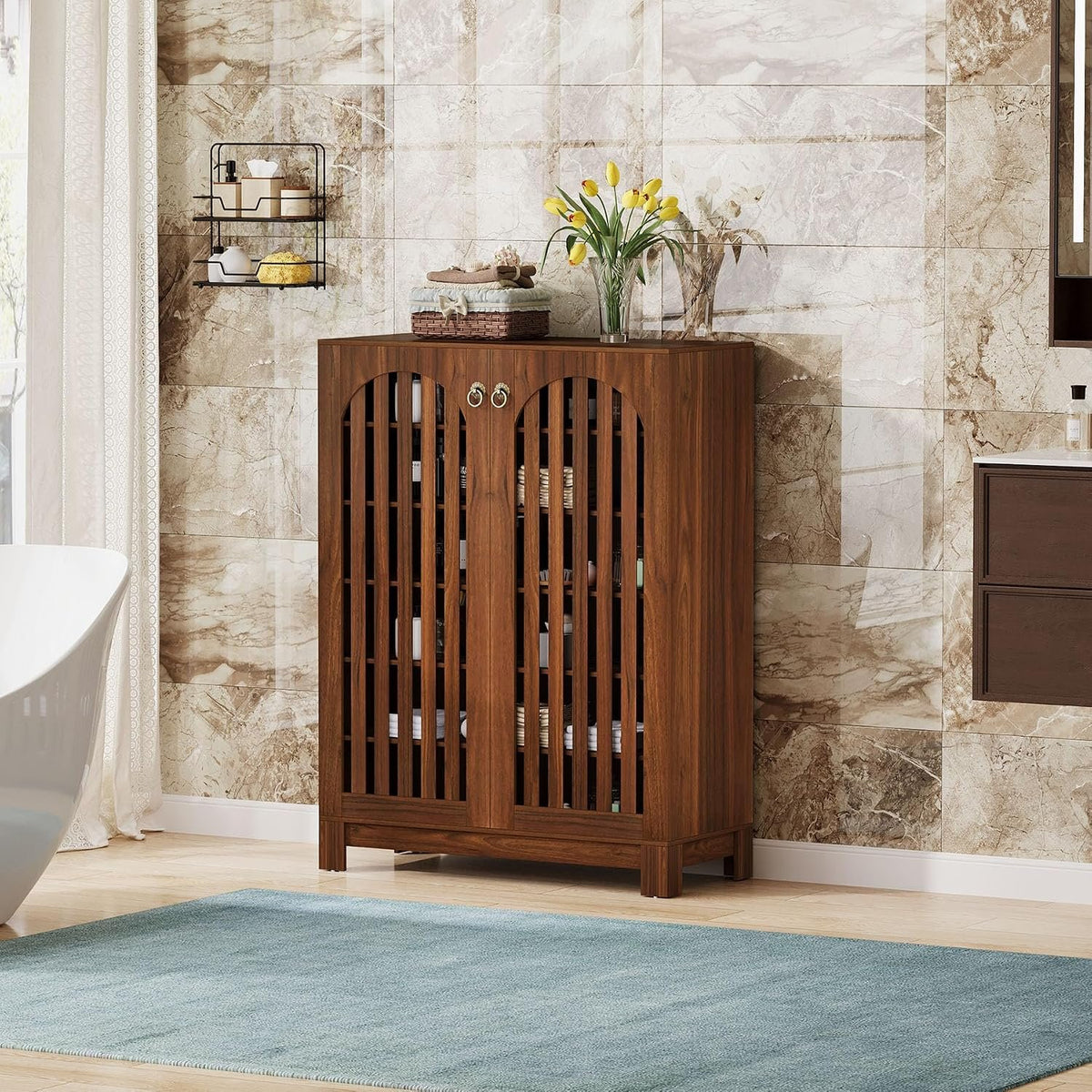 Oak Shoe Cabinet with 6-Tier Storage, Arched Louver Doors