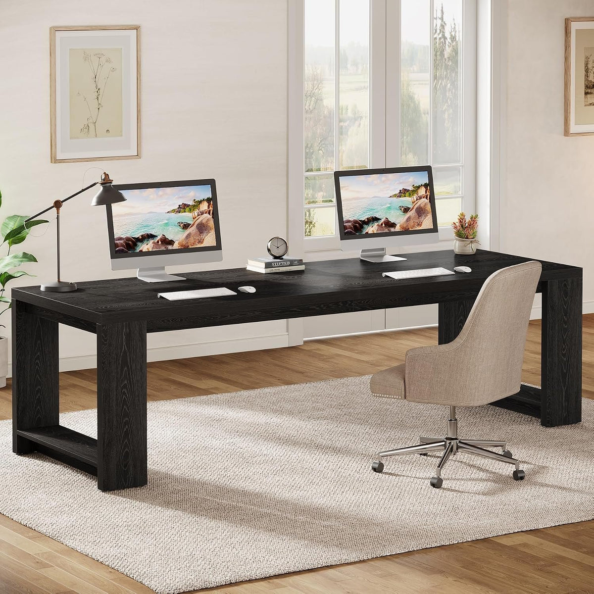 220 cm Desk for Two, Extra Long Double Office Desk with Oak Finish