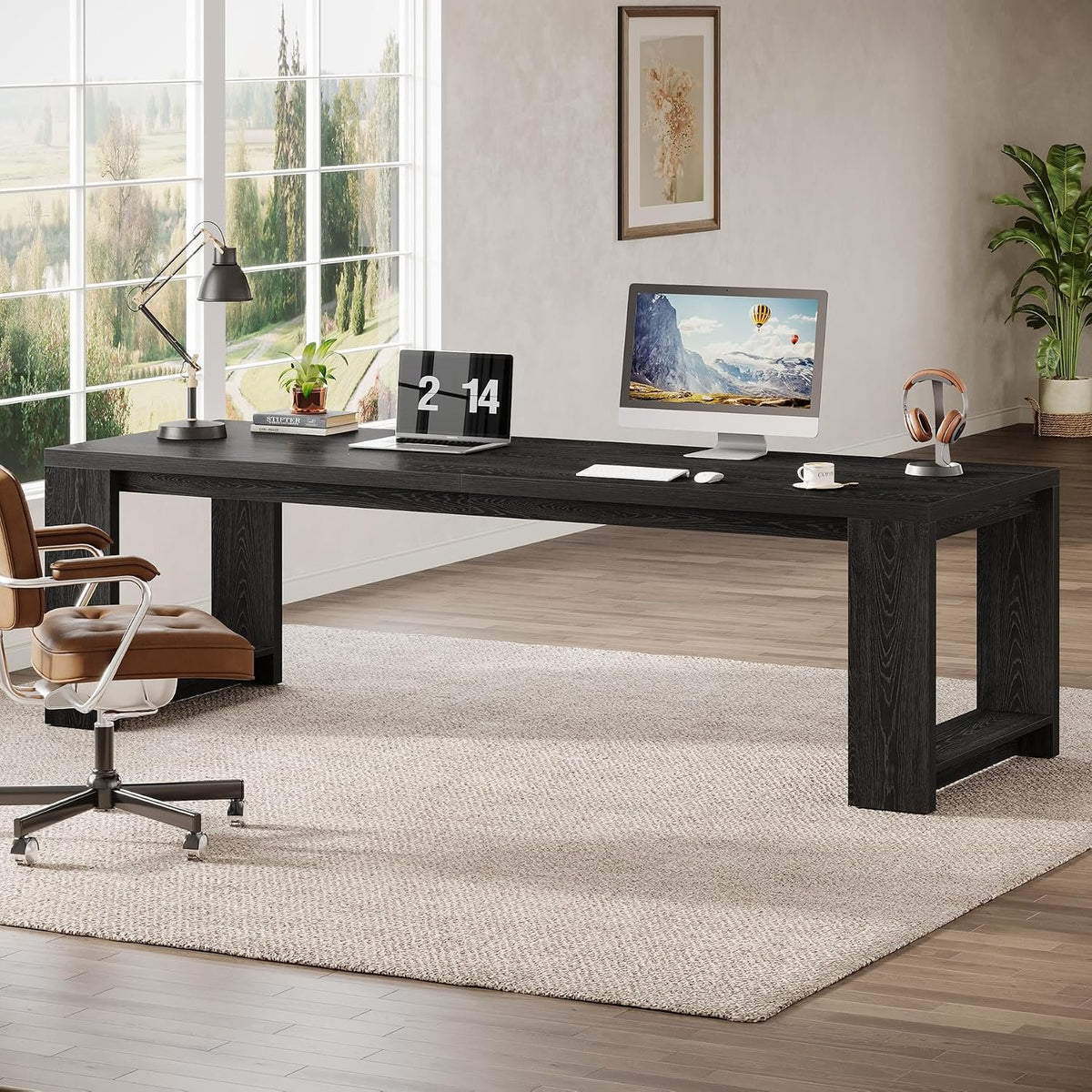 220 cm Desk for Two, Extra Long Double Office Desk with Oak Finish