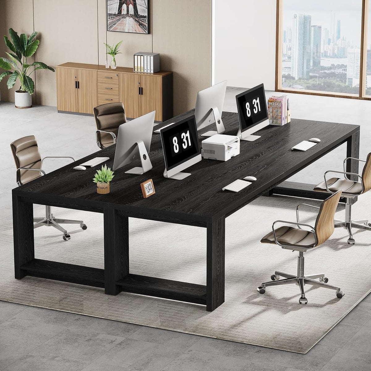 220 cm Desk for Two, Extra Long Double Office Desk with Oak Finish