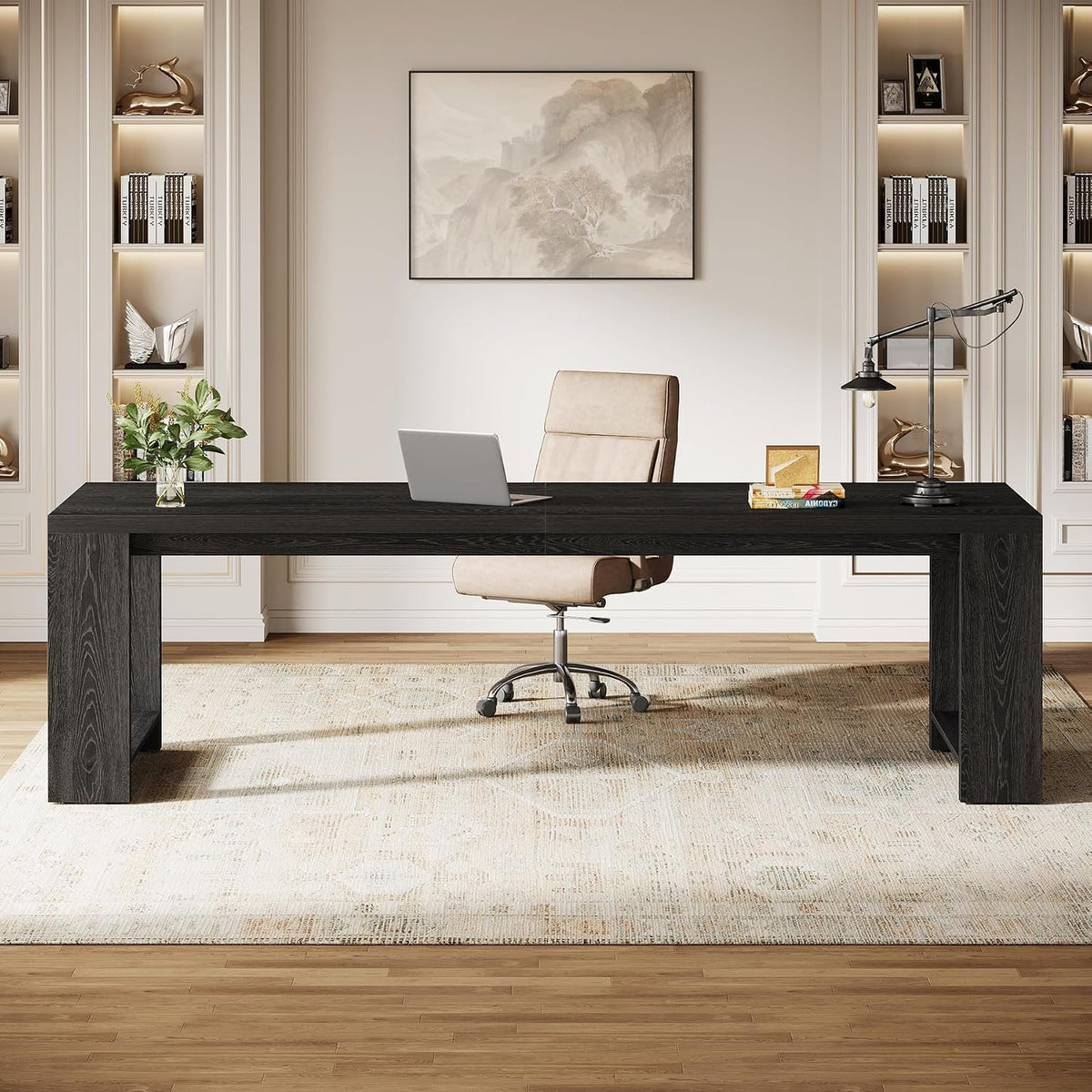220 cm Desk for Two, Extra Long Double Office Desk with Oak Finish