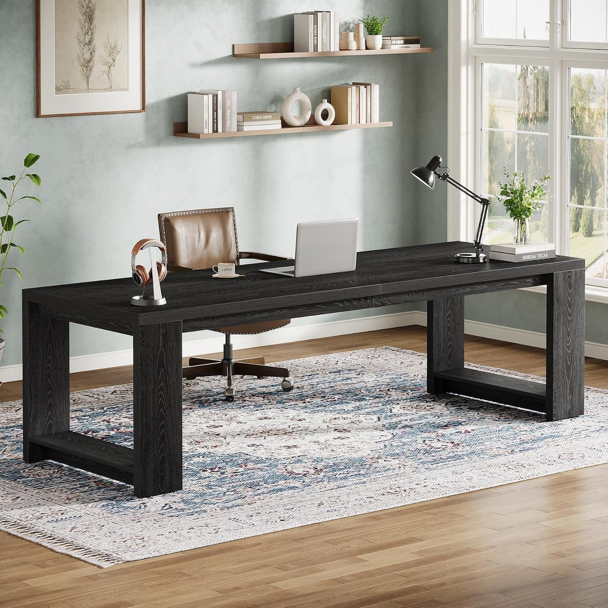 220 cm Desk for Two, Extra Long Double Office Desk with Oak Finish