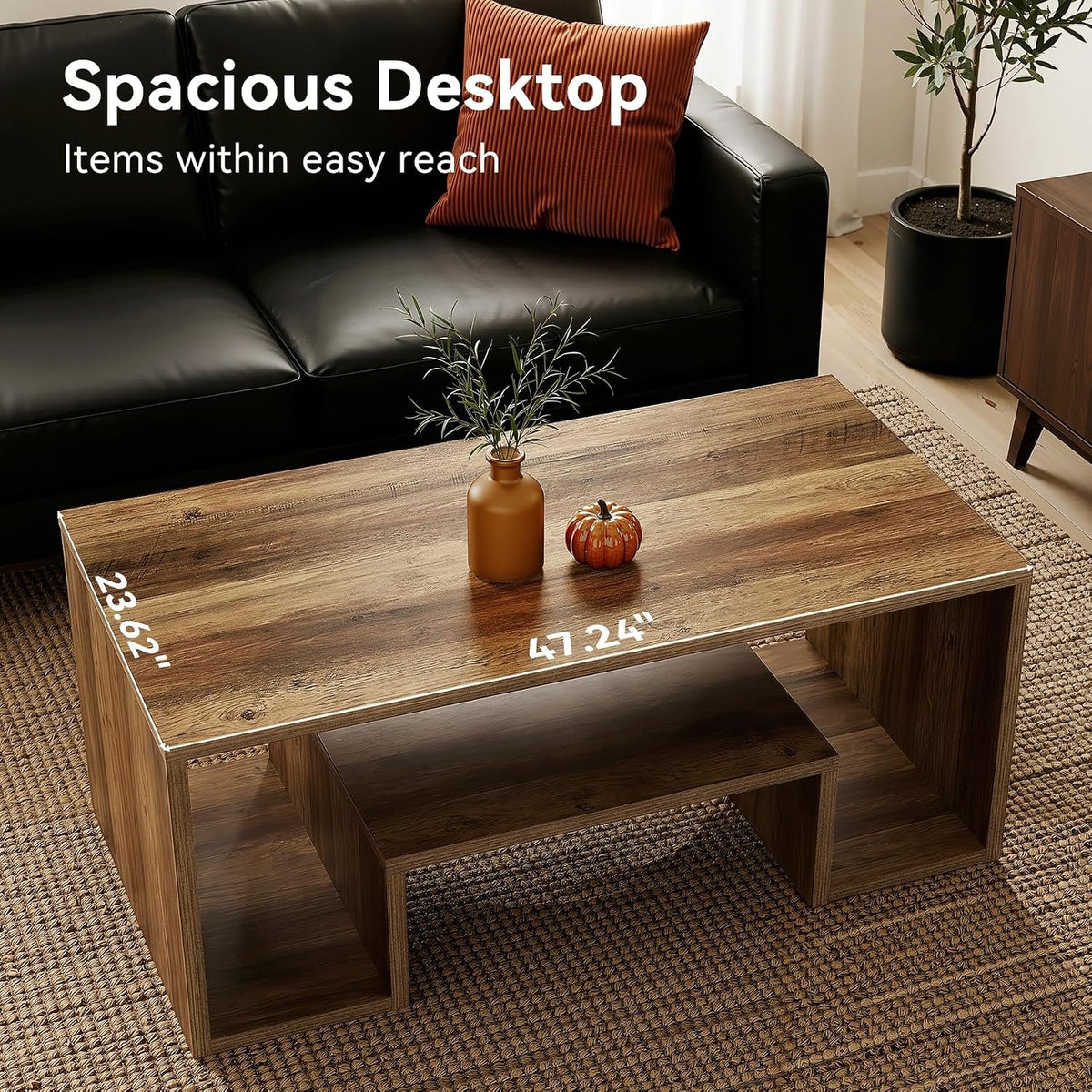 120 cm Rustic Brown Coffee Table with 2-Tier Storage, Farmhouse Style