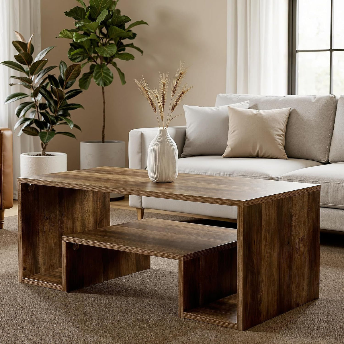 120 cm Rustic Brown Coffee Table with 2-Tier Storage, Farmhouse Style