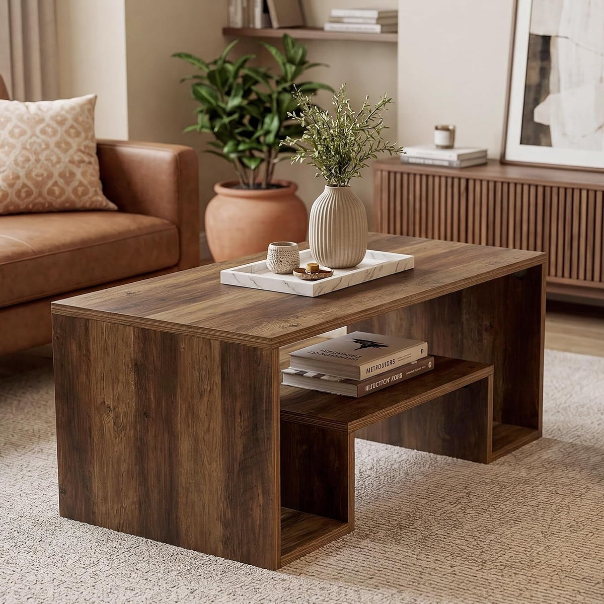 120 cm Rustic Brown Coffee Table with 2-Tier Storage, Farmhouse Style