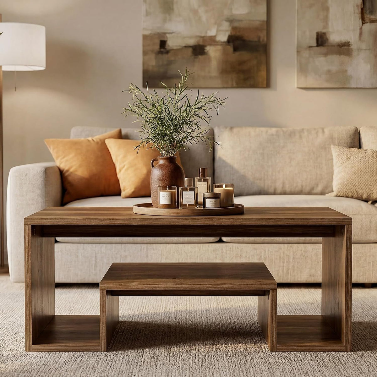 120 cm Rustic Brown Coffee Table with 2-Tier Storage, Farmhouse Style